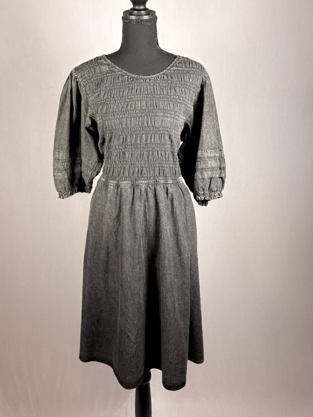 Terra & Sky Smocked Midi Dress • 0X (14W) • Washed Black Cotton • Boho Cottageco